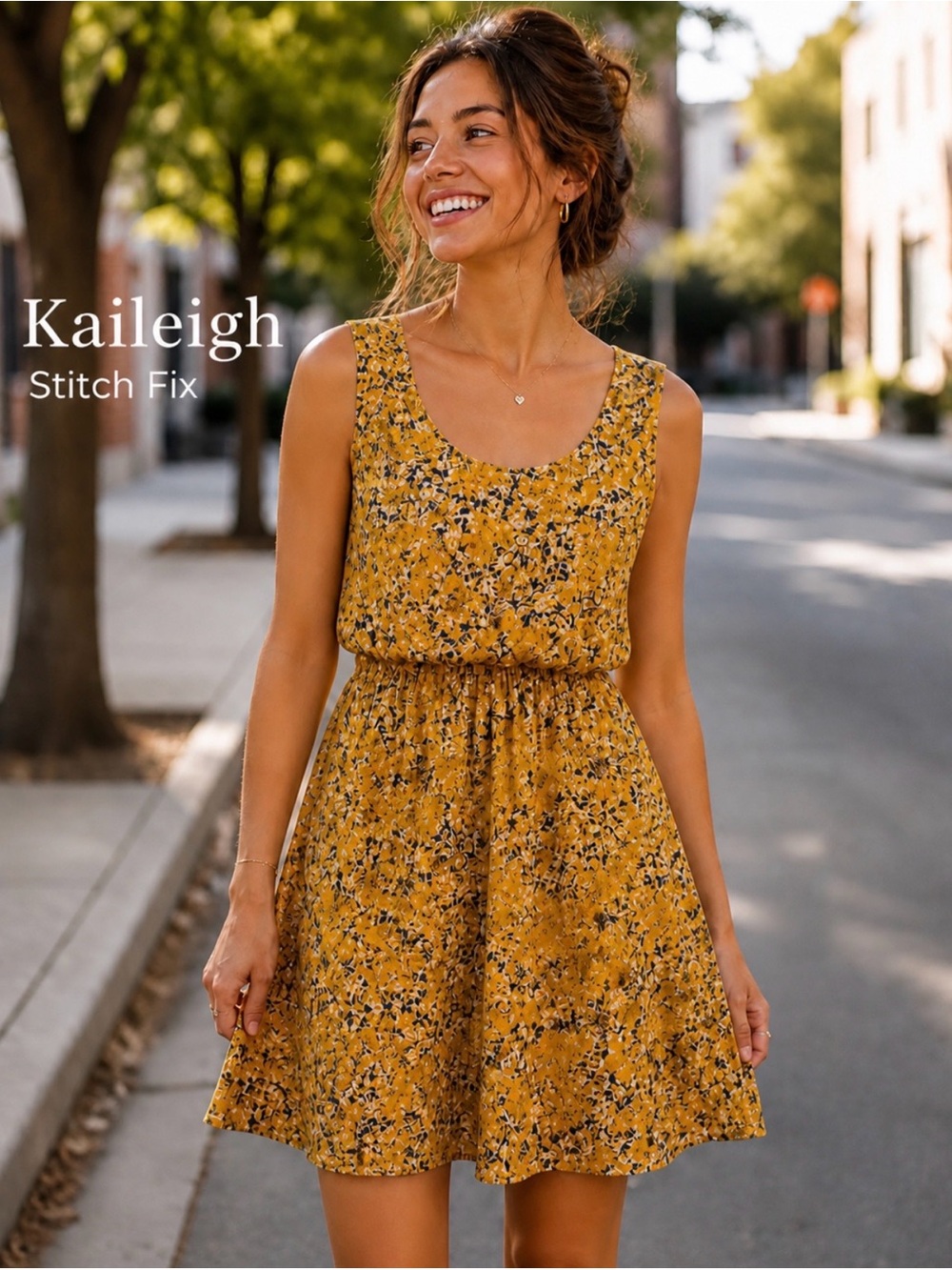 Kaileigh Stitch Fix Mustard Floral Mini Dress | Scoop Neck. Medium